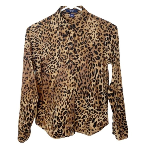 Chaps Top Button Down Shirt Animal Leopard Print Long Sleeves Petite Small PS - Picture 1 of 8